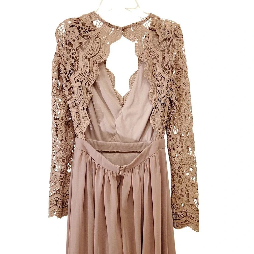 maniju tan lace long sleeve cutout maxi dress formal event size s - Picture 3 of 10